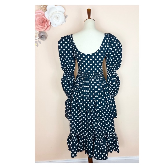 New! CAROLINE CONSTAS Puff Sleeve Polka Dot Ruffle Midi Dress - Picture 2 of 7